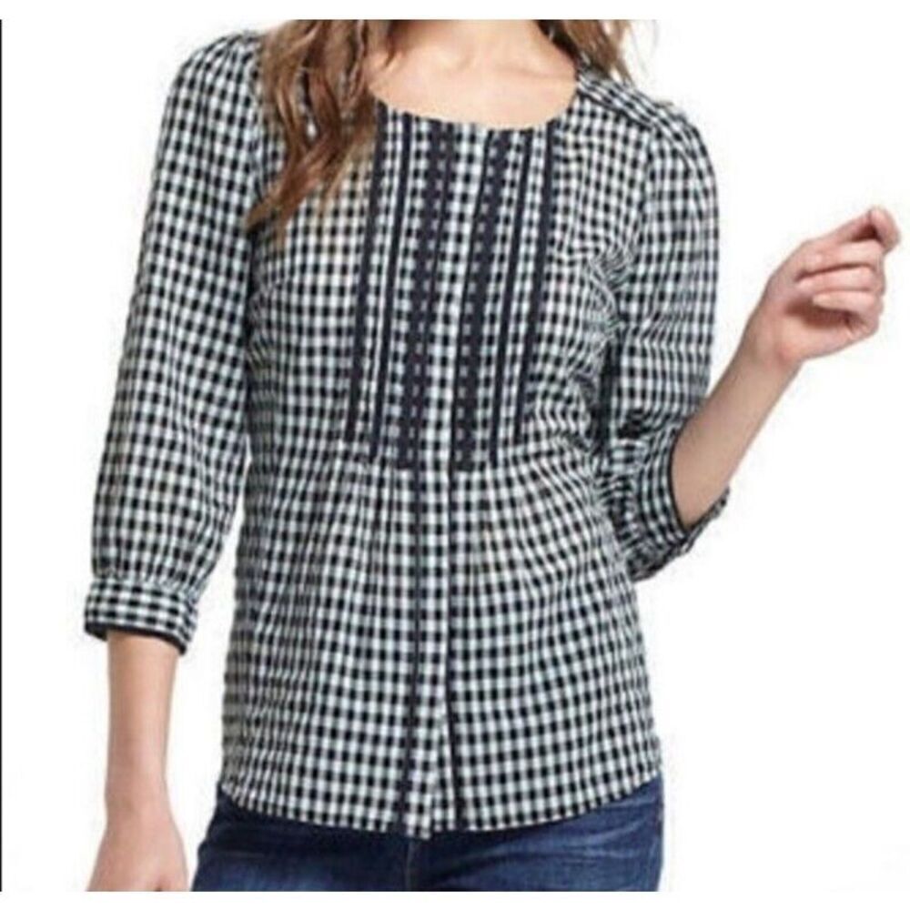 Meadow Rue Anthropologie Top Size 4 Black White Gingham Blouse 3/4 Sleeve Cotton